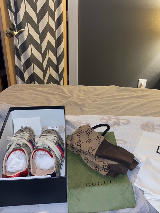 Gucci Shoes - Gucci Beige Monogram Sneakers with Red and Blue Stripe